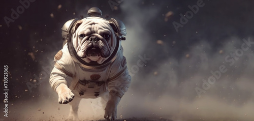 Happy excited dog Bulldogdog running along a dusty road dressed as an astronaut. Concept of astronomy, space. World Run Day photo