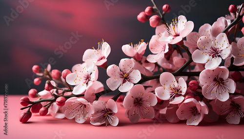 Branch of blossoming apricot tree on a pink background