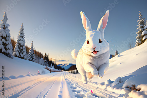 rabbit running on snow. Generative Ai
