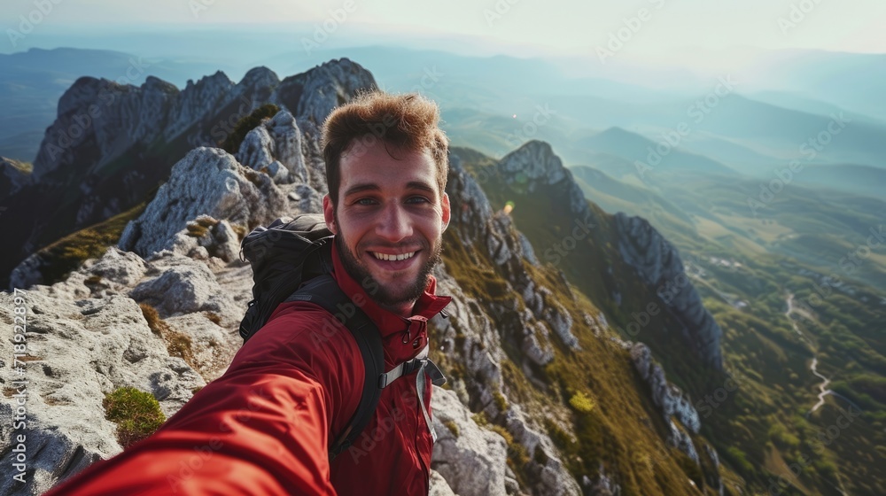 Young hiker man taking selfie portrait on the top of beautiful mountain