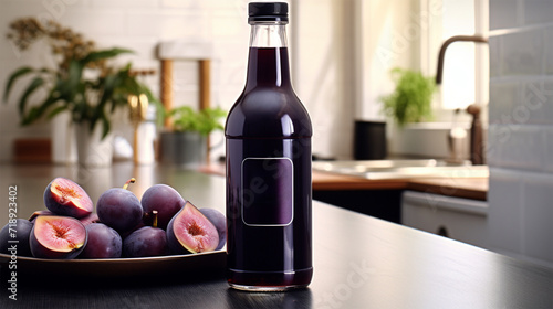 plum smoothie, fruit juice, drink from fresh plums in a bottle, on the table in the kitchen, copy space.  photo