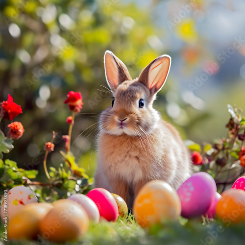 cute easter bunny sitting with colored easter eggs sitting outdoors on a blurred background with bokeh in nature.