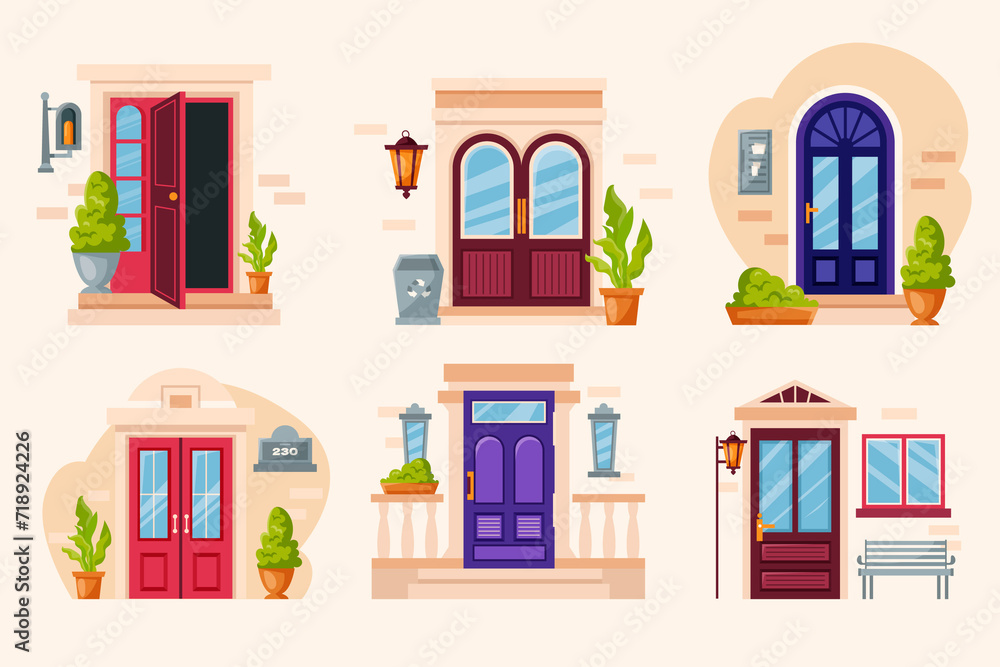 Door design hand drawn cartoon set