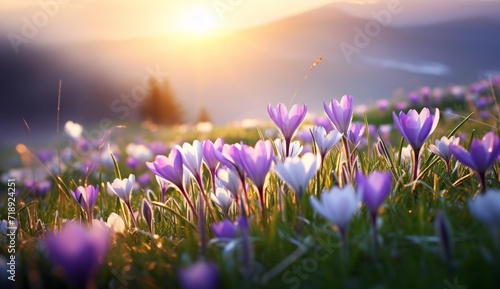 purple flowers on spring green meadow