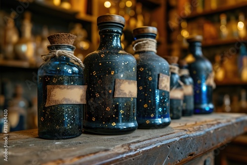 A close-up of a potion bottle with labels indicating magical ingredients 