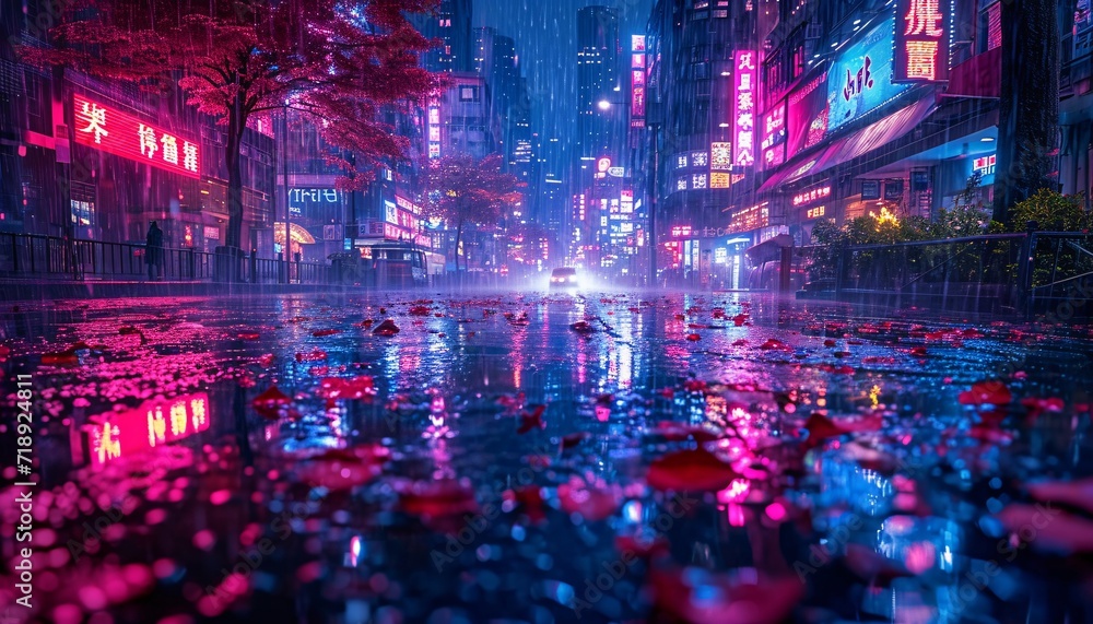 Naklejka premium Pink Neon Night: A Rainy Cityscape in October Generative AI