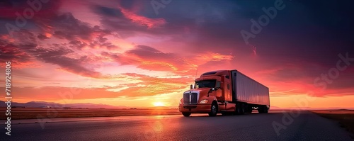 Semi truck in full motion transporting goods along highway. Picture of truck vital cog in wheel of commerce and logistics. Inclusion of sunset and sky dimension of time and natural beauty