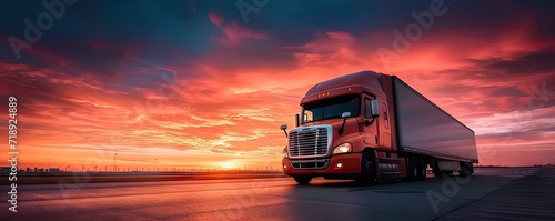 Semi truck in full motion transporting goods along highway. Picture of truck vital cog in wheel of commerce and logistics. Inclusion of sunset and sky dimension of time and natural beauty