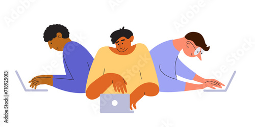 Group of men work, coding or play game together on laptop. Development team, people launch startup, hackathon, programmer. Gamer online stream, computer network, project teamwork. Vector illustration