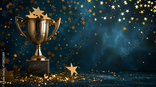 Golden trophy cup with stars isolated on dark blue background with copy space for text