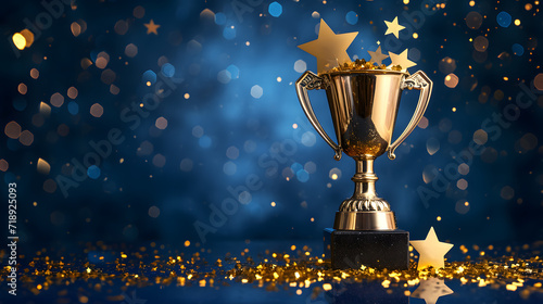 Golden trophy cup with stars isolated on dark blue background with copy space for text