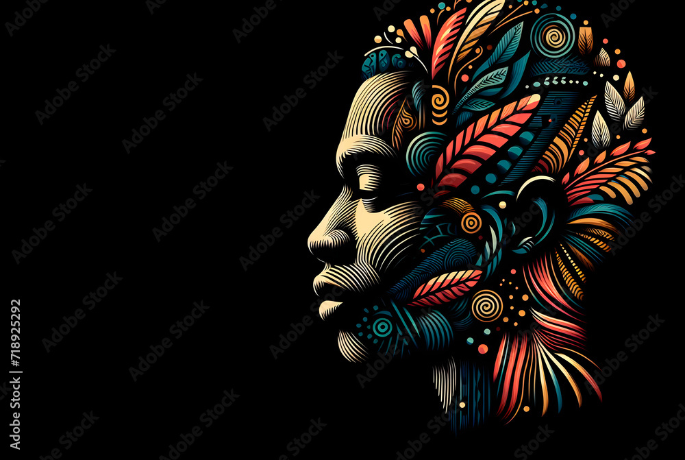 Black History Month banner. Colourful Silhouette face head in profile ethnic group of black African and African American man on black background.