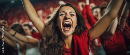 football Fans in red shirt celebration on big stadium during football game photo