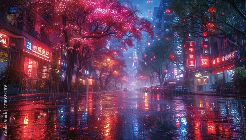 Rainy Night in the City: A Pinkish Glow from the Neon Signs Generative AI © graphics