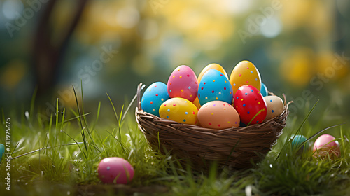 Wicker basket with festively decorated Easter eggs on sunlit green grass, space for text © petrrgoskov
