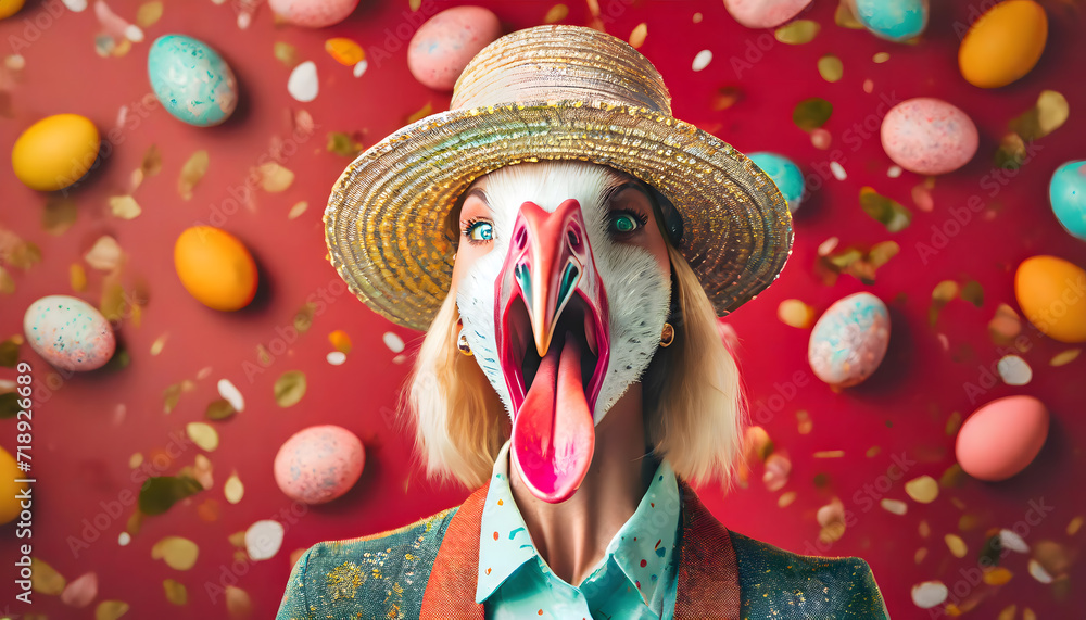Obraz premium frau, spaß, huhn, vogel, gesicht, surreal, henne, ostereier, ostern, ei, bunt, karte, gestalten, frohe, entwerfen, rot, hut, copy space, hintergrund, modern, neu 