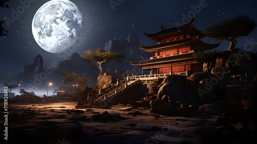 A chinese temple on a cliff with a moon in the background,, the autumn in the traditional park in China Pro Photo 