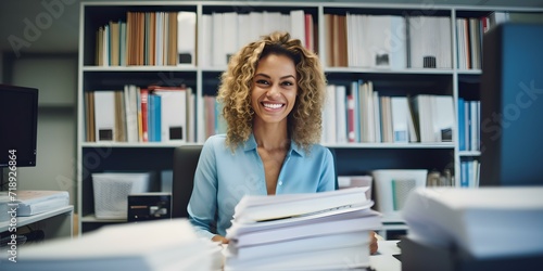 Smiling woman at work with documents. professional in office setting, exuding confidence. AI