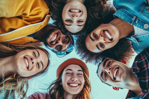 A group of friends, all wearing bright clothing and flashing toothy smiles, laugh and bond over shared experiences, showcasing the joy and camaraderie of youth and the power of friendship photo