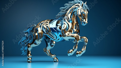 3d render metallic dynamic shiny horse on a blue background © Ghazanfar