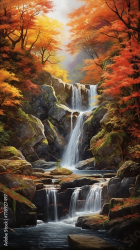 A picturesque waterfall surrounded by autumn foliage  with raindrops creating a shimmering effect on the colorful leaves.