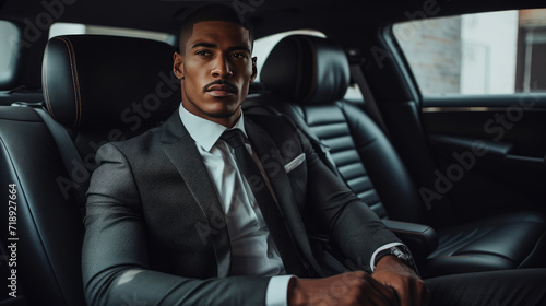Successful businessman in a expensive suit sitting in the back seat of a luxury car