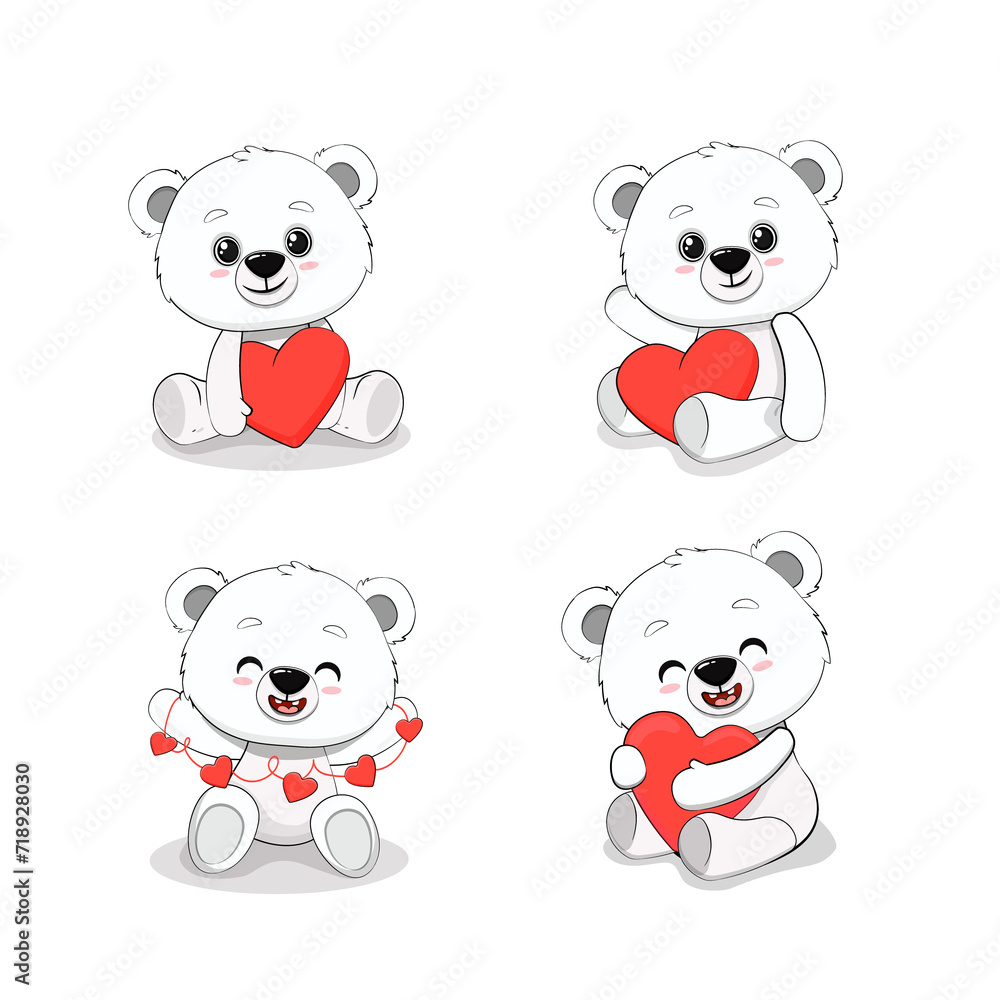 set of cute cartoon polar bear cub with a heart for your design. Valentine's day card. Mothers day. 