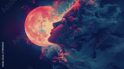 abstraction of a woman’s face against the backdrop of the full moon, astrological forecast, concept of the influence of the moon on a person photo