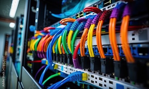 A Tangle of Colorful Cables in an Organized Rack