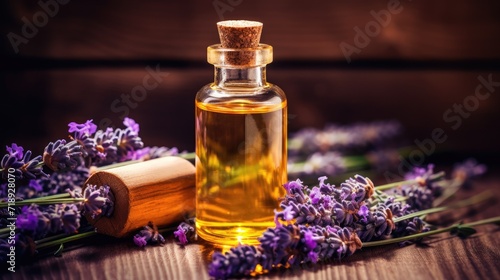 Essential Aromatic oil and lavender flowers  natural remedies  aromatherapy  beauty treatment items for spa procedures