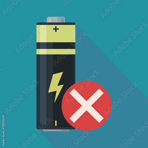 Electric battery on a blue background with the cross in a red invalidation circle with shadow (flat design)