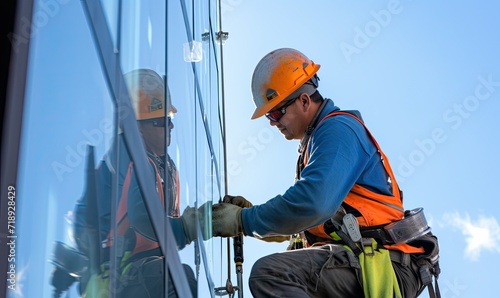 Working Safely on a Window: A Construction Worker in an Orange Vest and Helmet