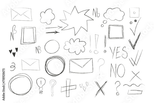 Vector set with hand-drawn graphics elements. Circles, squares, tags and points, clouds, and nota bene signs. Variety of simple sketched elements.