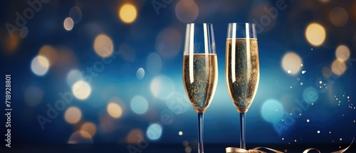Two champagne glasses on blue and gold glow particle abstract bokeh background photo