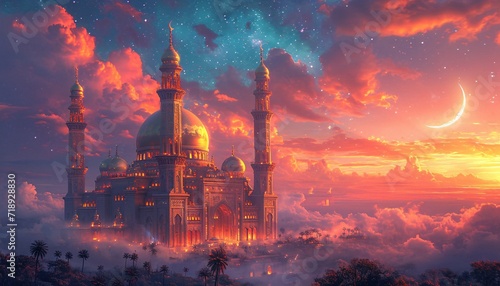 Glowing Mosque at Sunset: A Stunning View of the Monthly Full Moon Generative AI