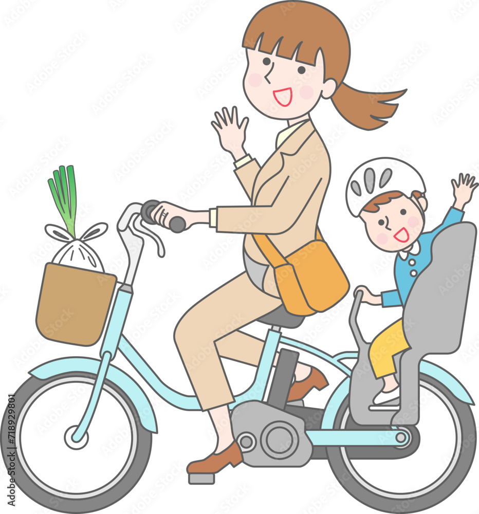 自転車で子供の送り迎えをするビジネスウーマン 自転車で子供の送り迎えをするビジネスウーマン