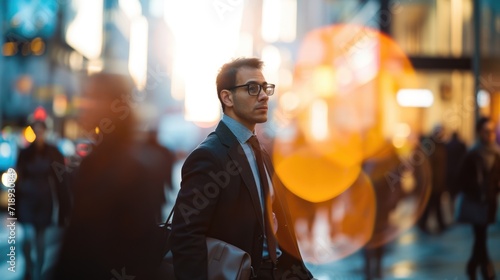 a business man with bag wearing glasses with blurred people walking in town city