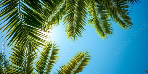 Tropical palm leaves against a sunny sky, nature background for summer vacation and travel themes. AI © Irina Ukrainets