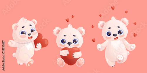 Cute enamored polar white bear with heart collection. Funny character Valentine. Isolated holiday little animals. Vector illustration in cartoon style. Kids collection.