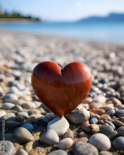 Wooden heart on the sea pebble beach. Valentines day background