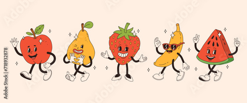 Retro groovy fruit characters. Funky cartoon mascot of apple pear strawberry banana watermelon with happy smile face, hands and feet. Vintage summer vector illustration. Fruits juicy sticker pack.