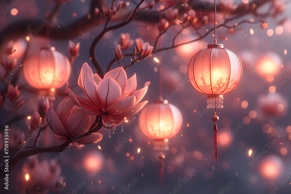 Fototapeta premium Magical Lanterns Amongst Blooming Magnolias