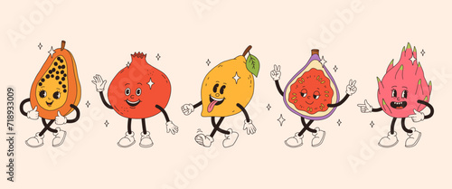 Retro groovy fruit characters. Funky cartoon mascot of papaya pomegranate lemon fig dragon fruit with happy smile face, hands and feet. Vintage summer vector illustration. Fruits juicy sticker pack.