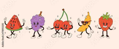 Retro groovy fruit characters. Funky cartoon mascot of watermelon grape cherry banana strawberry with happy smile face, hands and feet. Vintage summer vector illustration. Fruits juicy sticker pack.
