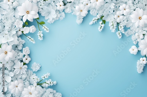 frame of white flowers on a light blue background