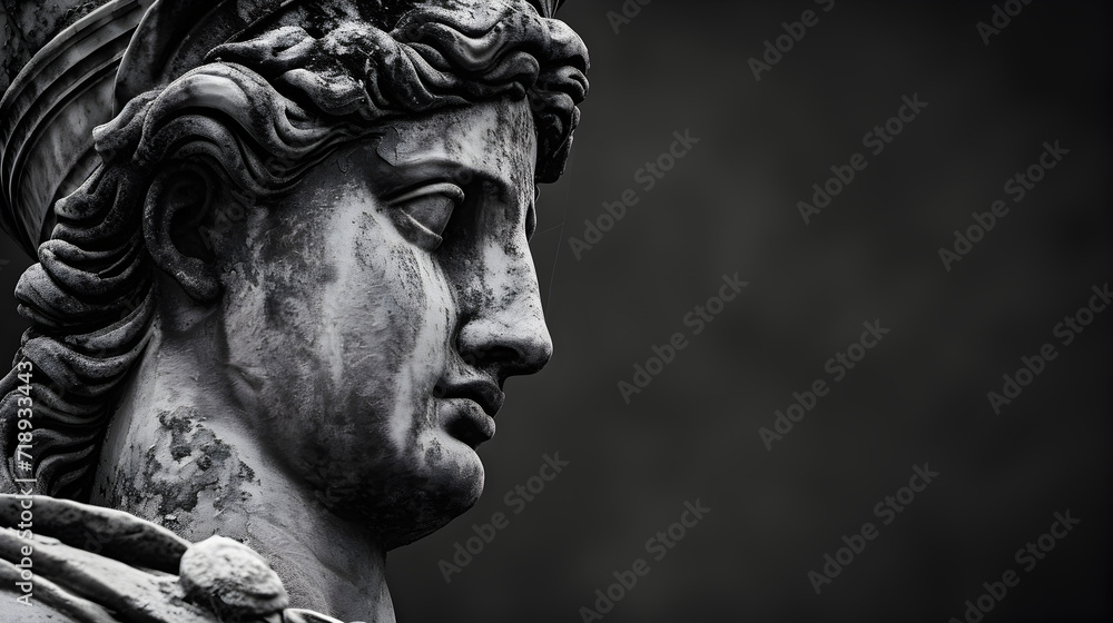 A close-up of a Roman deity in black and white