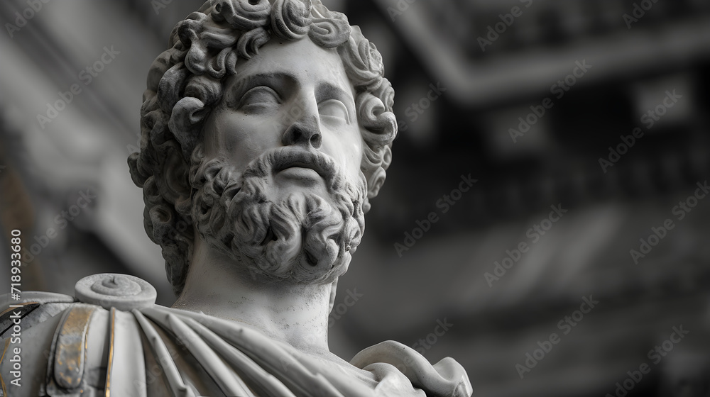 A close-up of a Roman deity in black and white