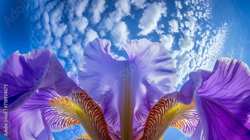 Beautiful iris flowers from below against a blue sky background. Unusual angle on floral