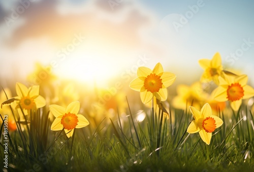 yellow daffodils on green grass with the sun in the sky background