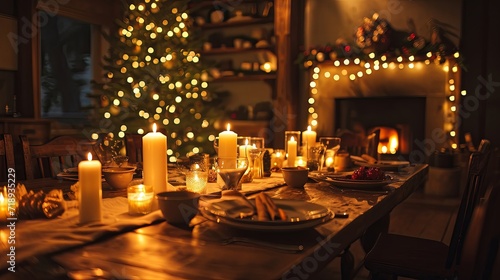 a big christmas table with candles and a tree in the background near the fireplace, in the style of minimalist backgrounds, 32k uhd, installation-based, wood, staining.